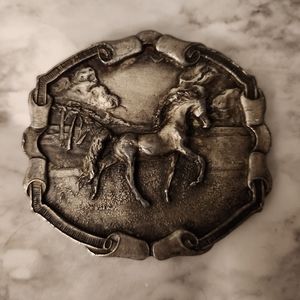Vintage 1976 Bergomot Brass Works Belt Buckle with Horse Scene